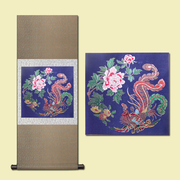凤戏牡丹云锦办公家居装饰挂轴