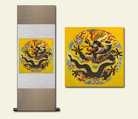 真金孔雀羽团龙云锦挂画